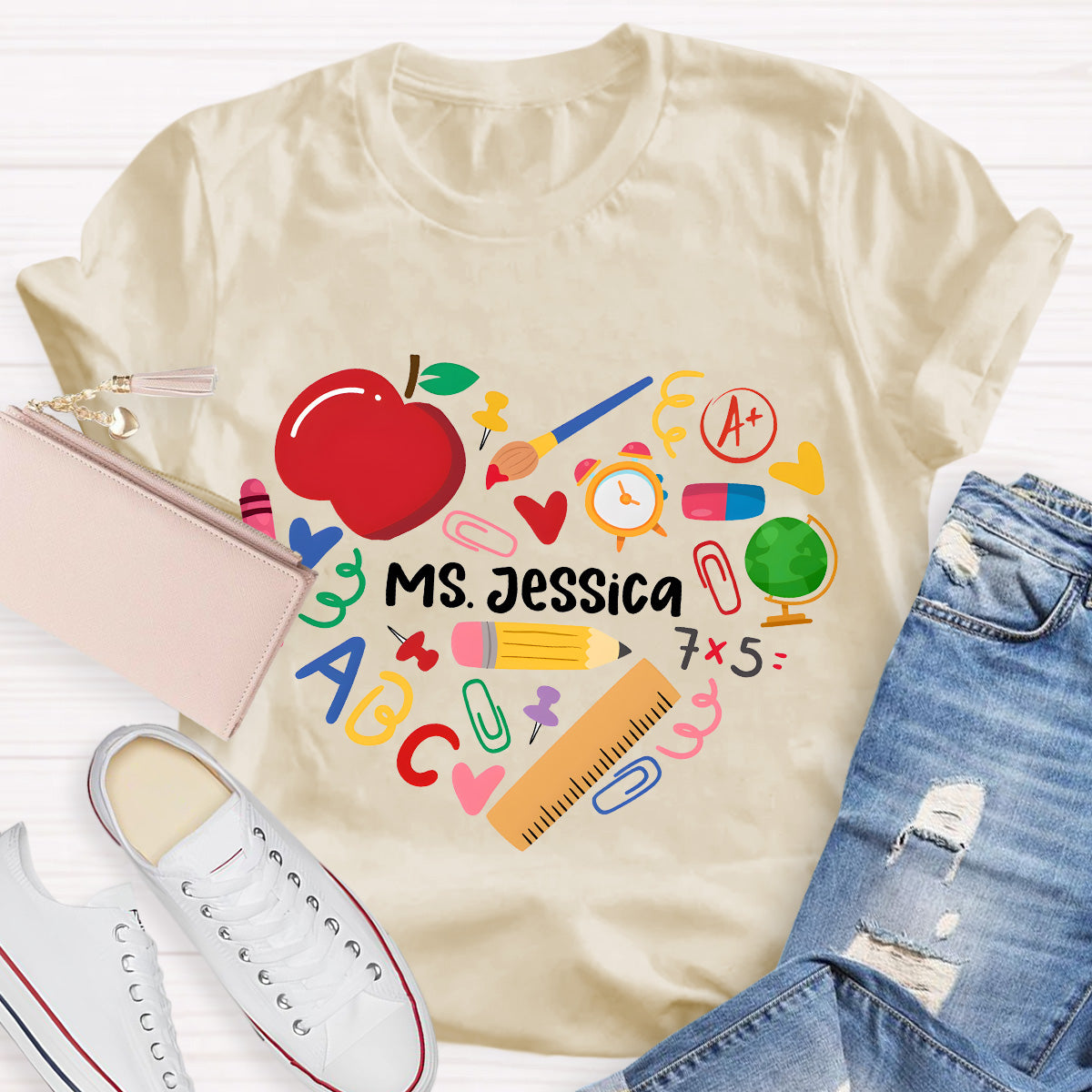 Personalized Name Apple And Heart Teacher T-Shirt