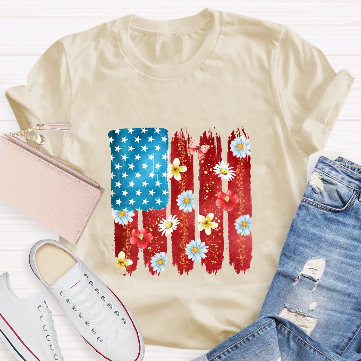 US Flag Flower Strip Star Teacher T-Shirt