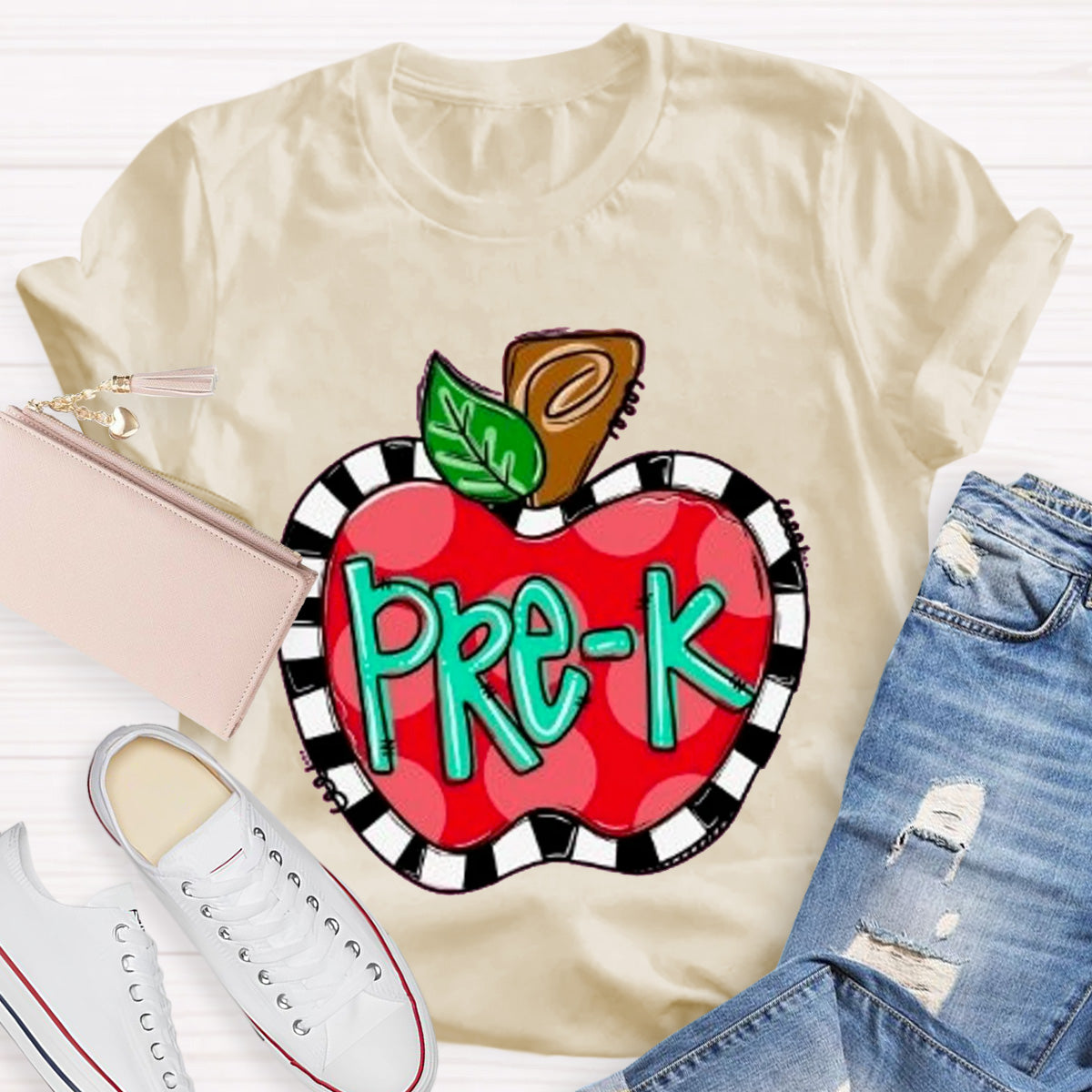 Personalized Grade Teacher Color Block  Apple Printed T-Shirt