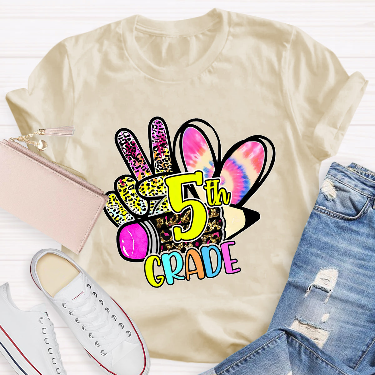 Personalized Grade Colorful Leopard Heart 5th Grade Teacher T-Shirt