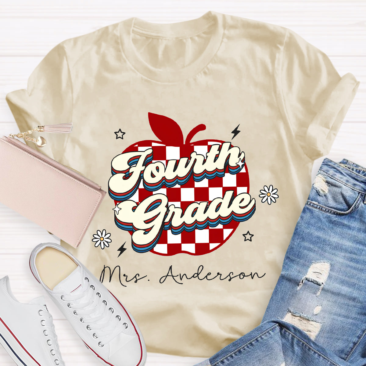 Personalized Grade And Name Apple Chessboard Pattern T-Shirt