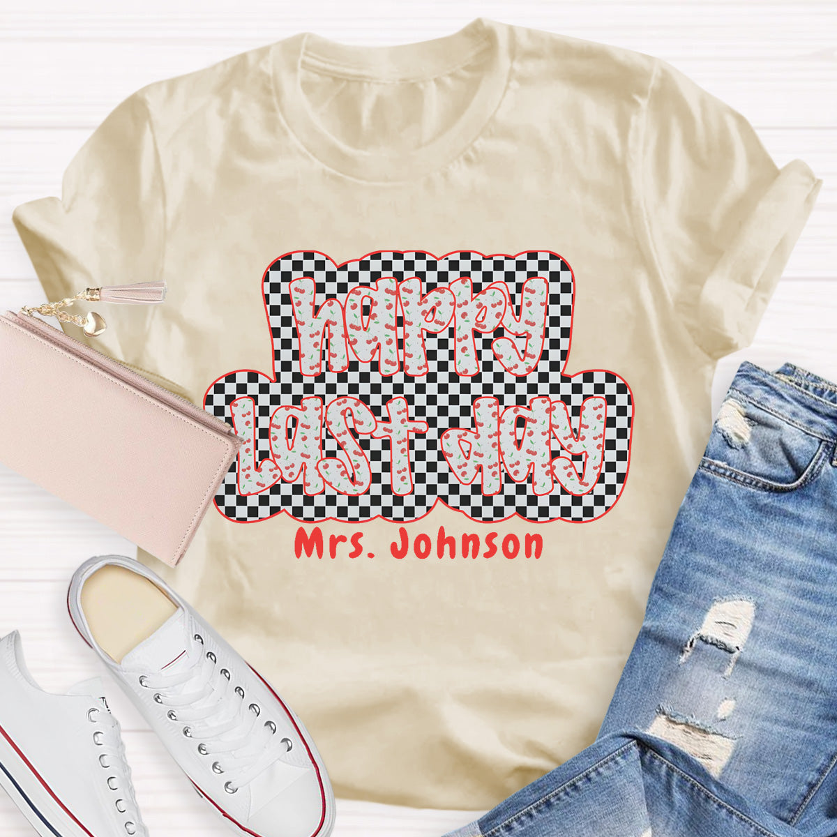 Personalized Name Happy Last Day Checkerboard T-Shirt
