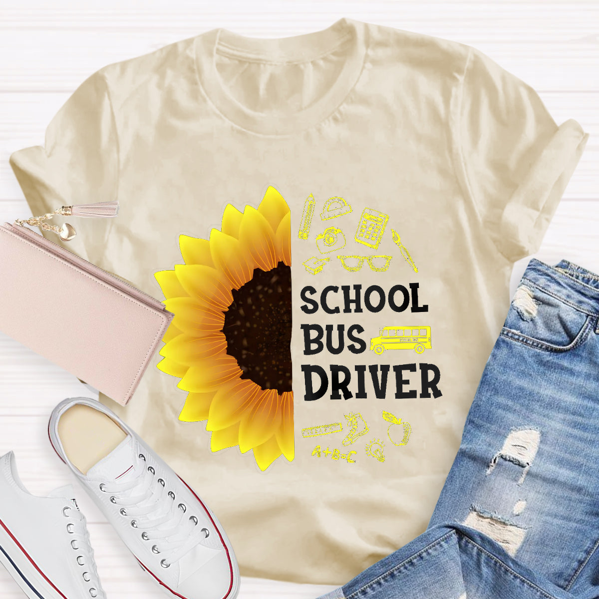 School Bus Driver Sunflower Teacher T-Shirt