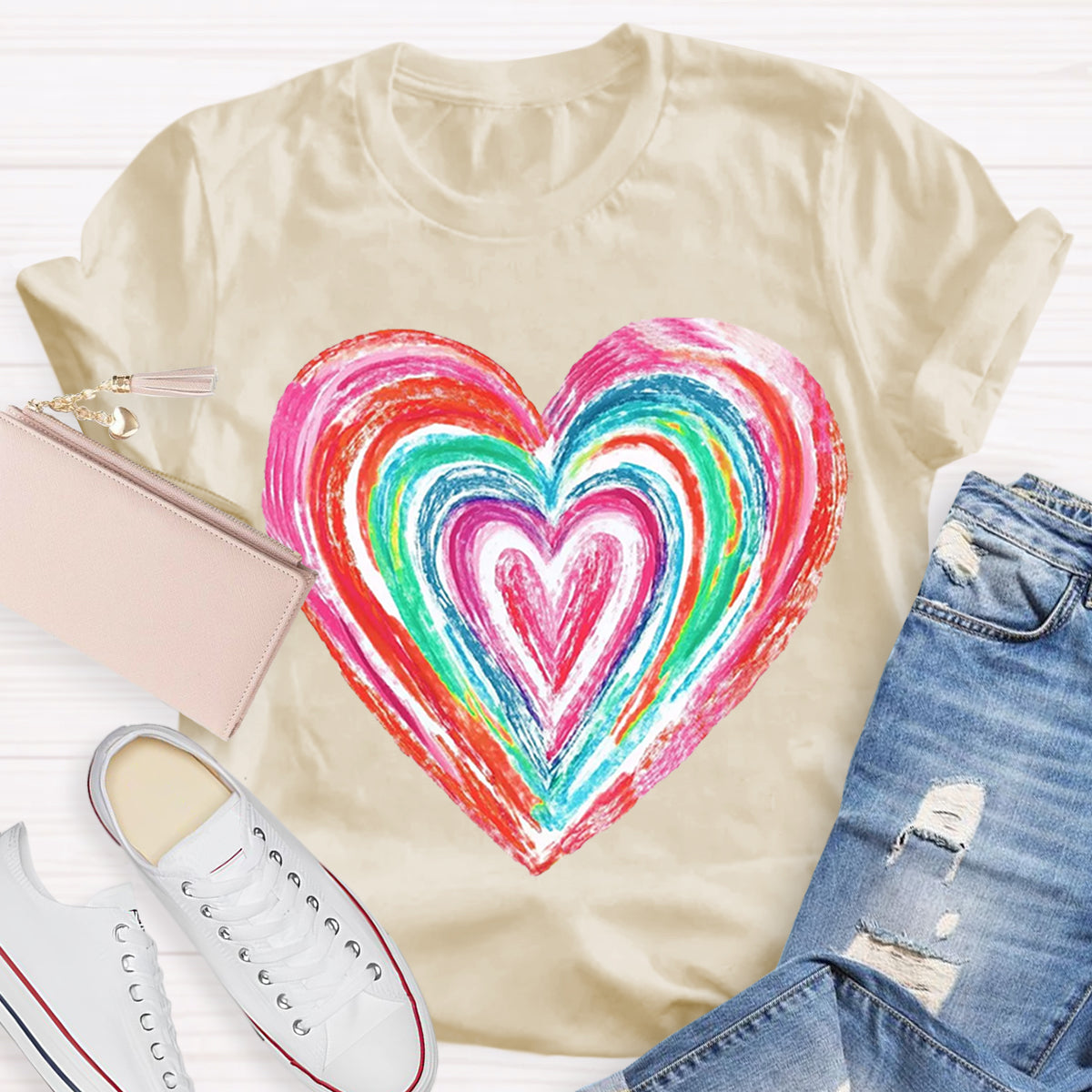 Valentines Colorful Rainbow Heart Teacher T-Shirt