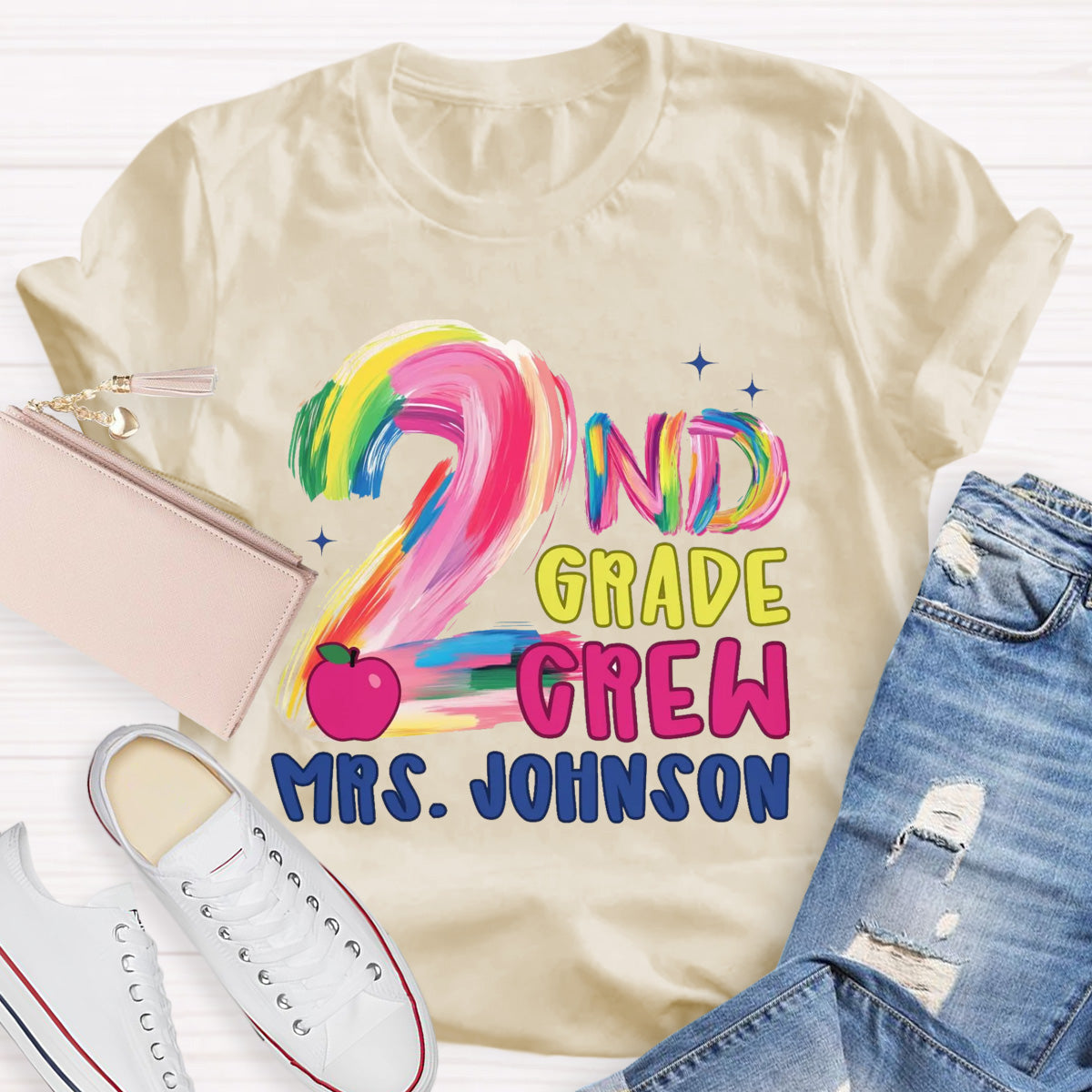 Personalized Grade And Name Pink Apple Teacher T-Shirt