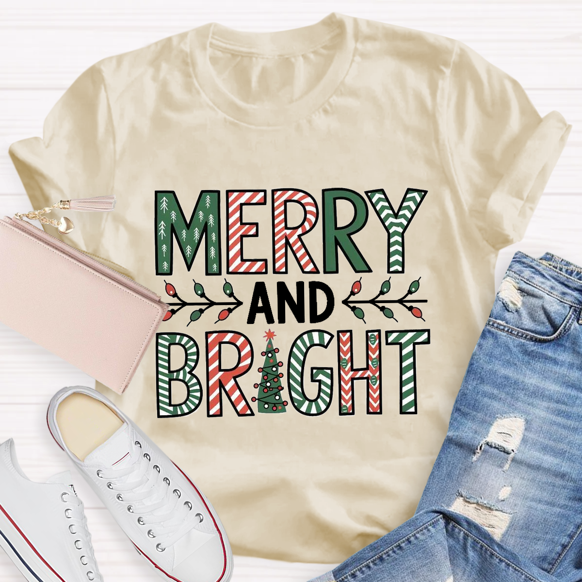 Merry And Bright Christmas Tree Teacher T-Shirt