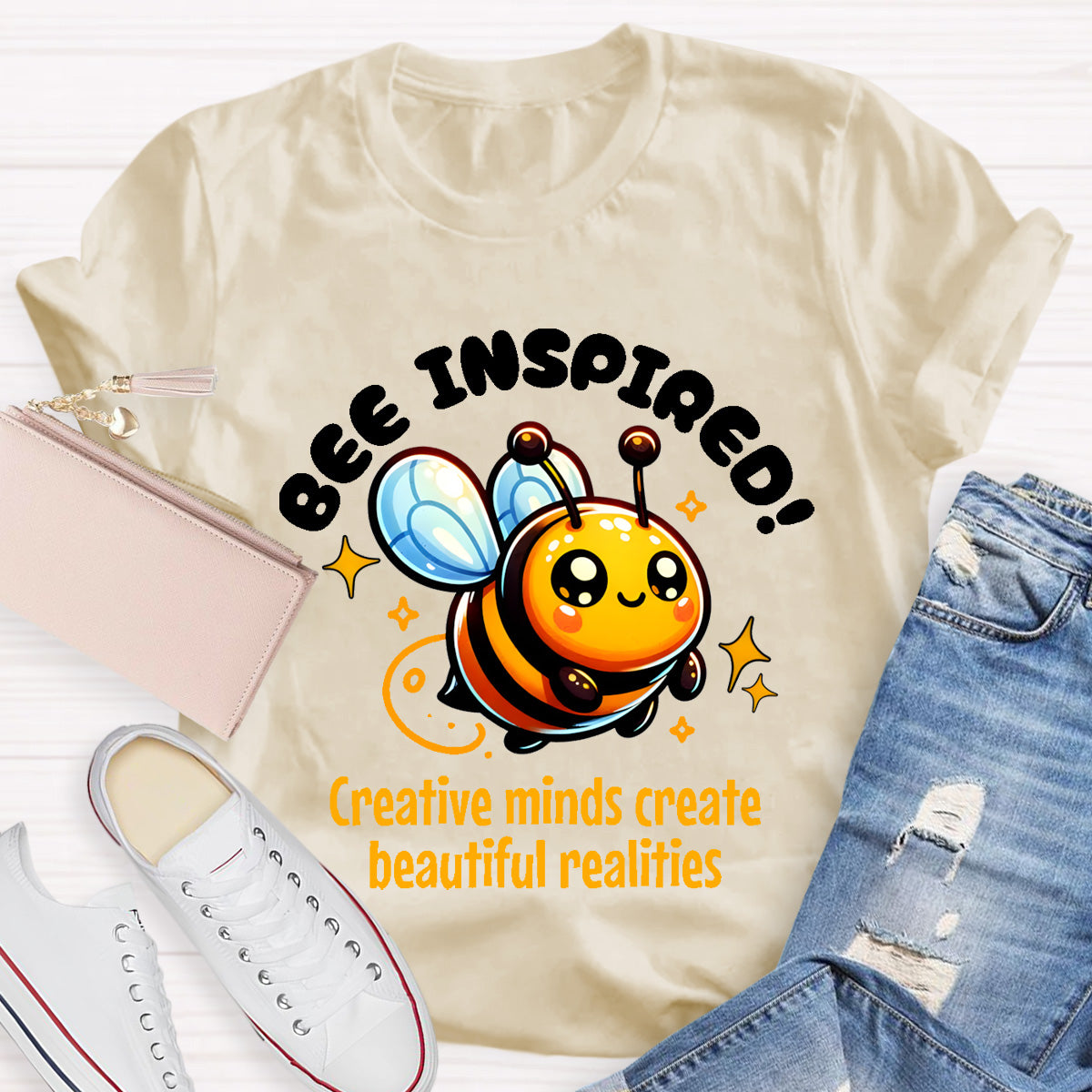 Bee Inspired Creative Minds Create Beautiful Realities Teacher T-Shirt