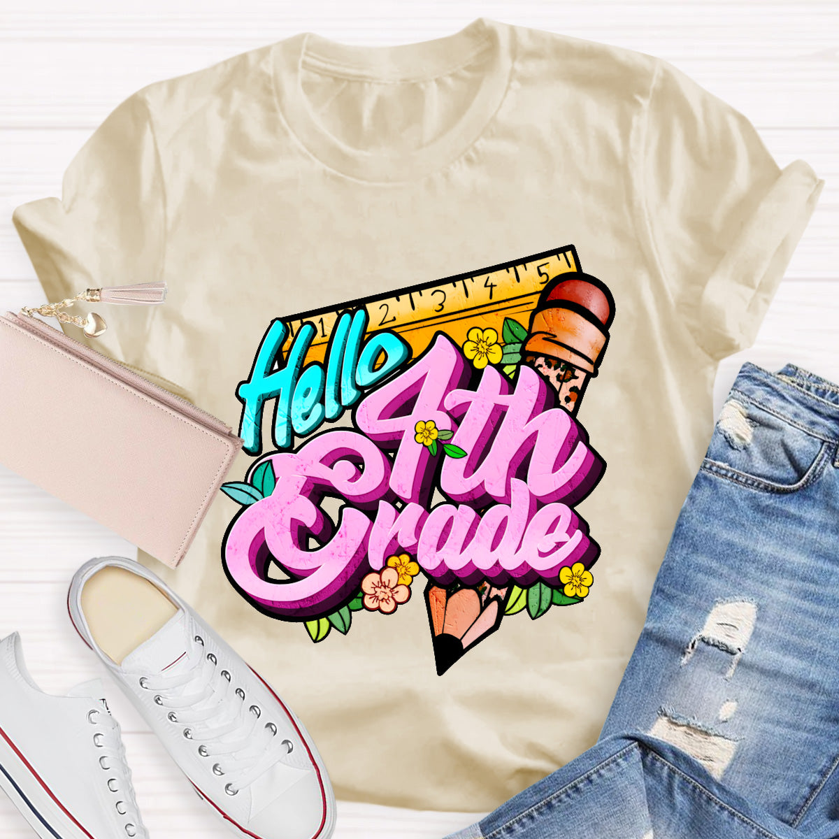 Personalized Grade Hello 4th Grade Back To School Teacher T-Shirt