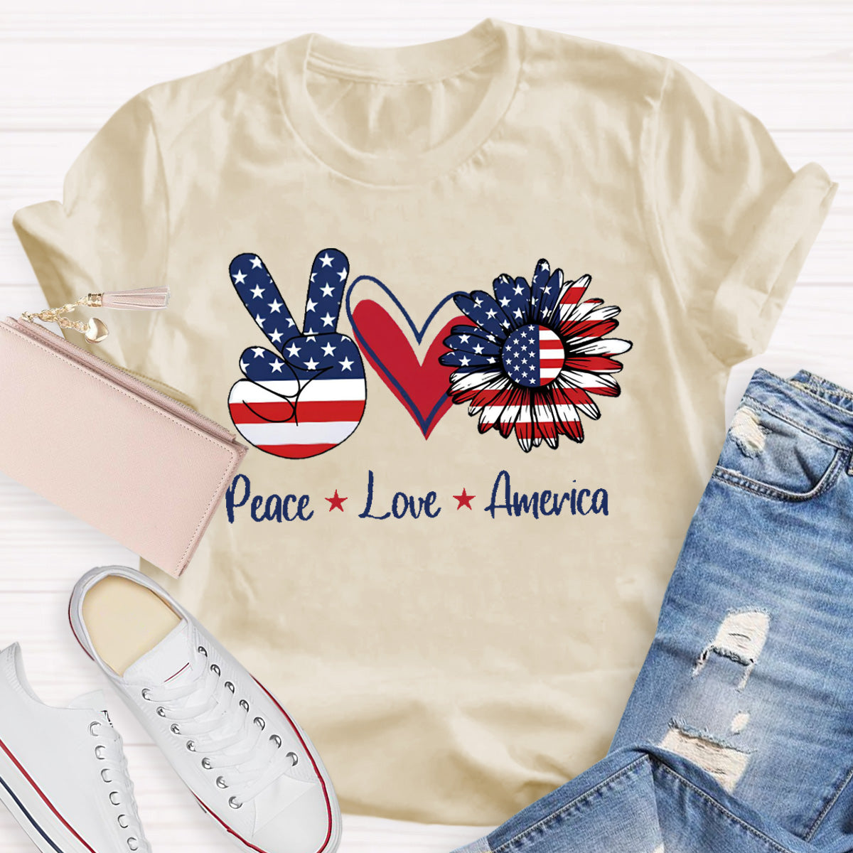 Peace Love America Star Teacher T-Shirt