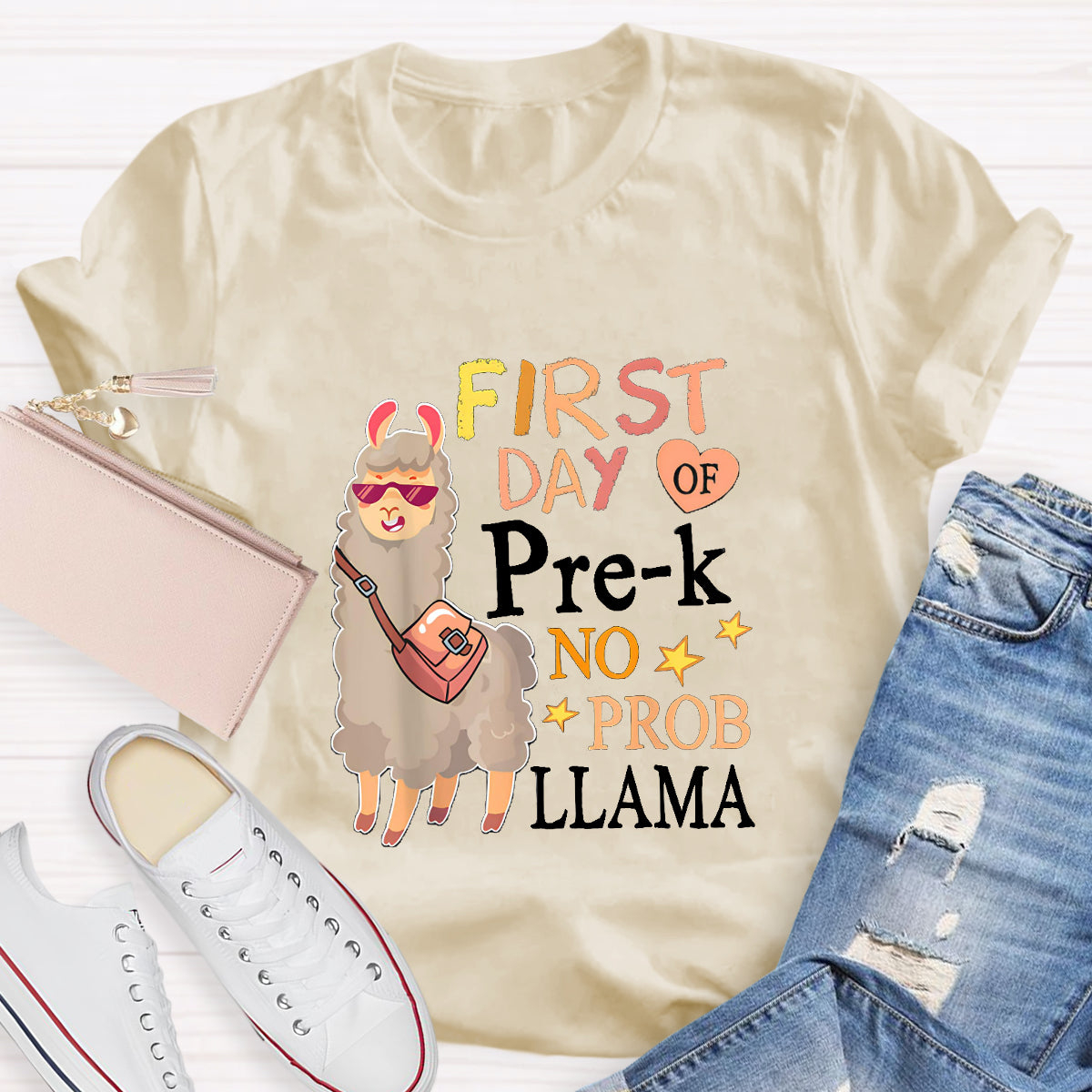 Personalized Grade First Day Of Pre-k No Prob Llama Spanish Teacher T-Shirt