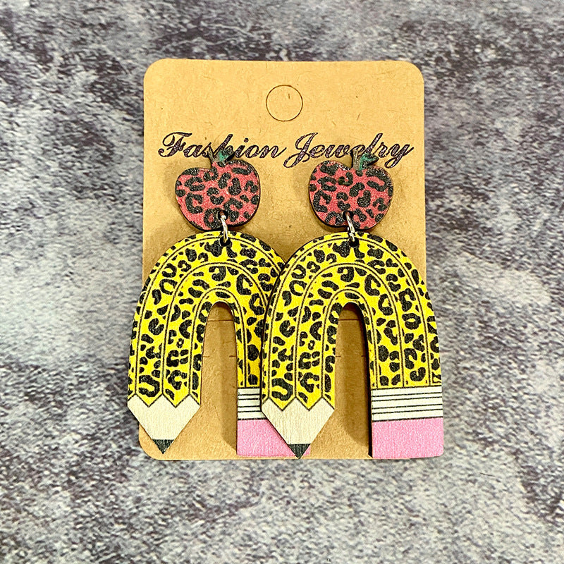 Leopard Print Pencil And Apple Patchwork Earrings