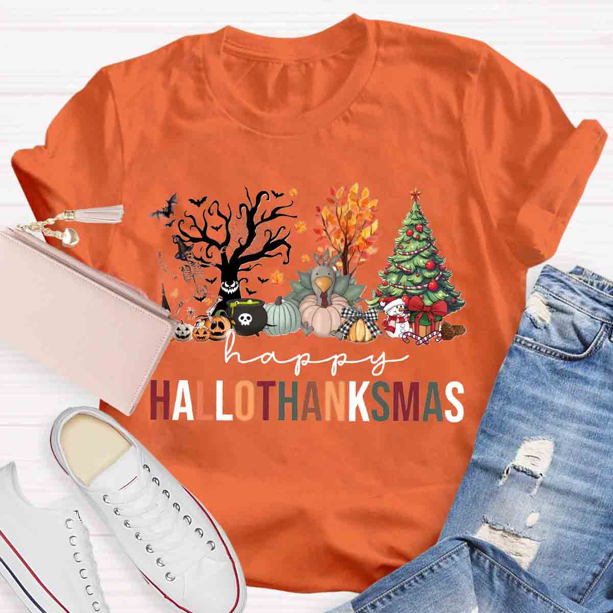 Happy Hallothanksmas Halloween Fall and Christmas T-shirt