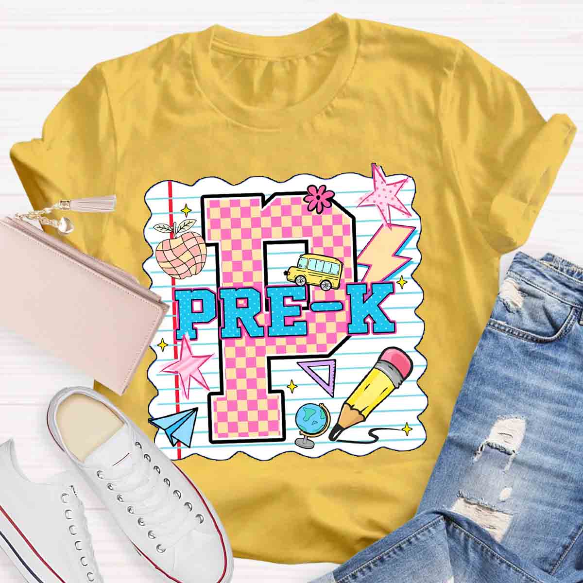 Personalized grade p is for pre k Pink Plaid Letters Teacher T-shirt