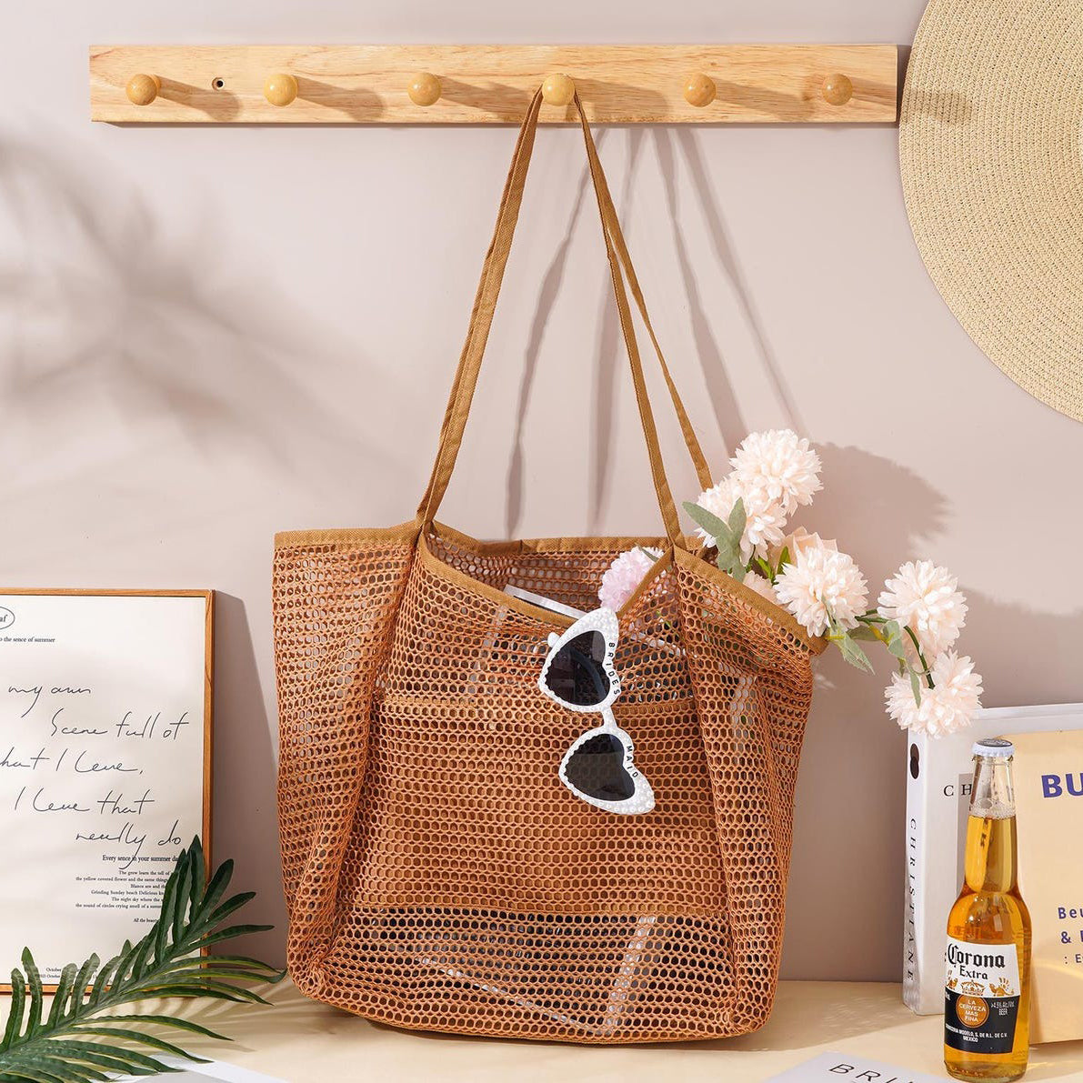 Foldable Beach Bag With Mesh Fabric And Carrying Handles.