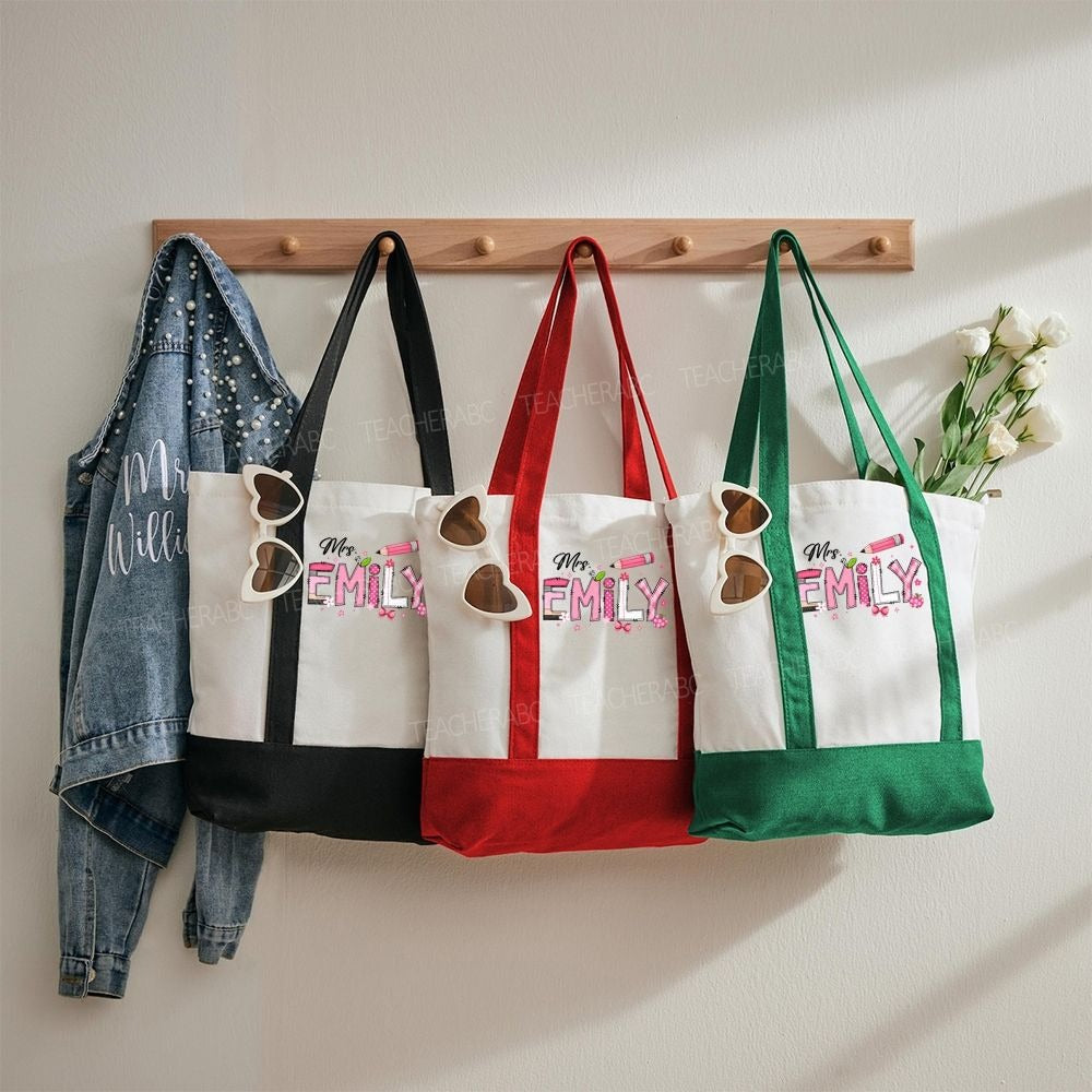 Personalized Name Pink Polka Dot Plaid Design Daily Color-Blocked Canvas Bag