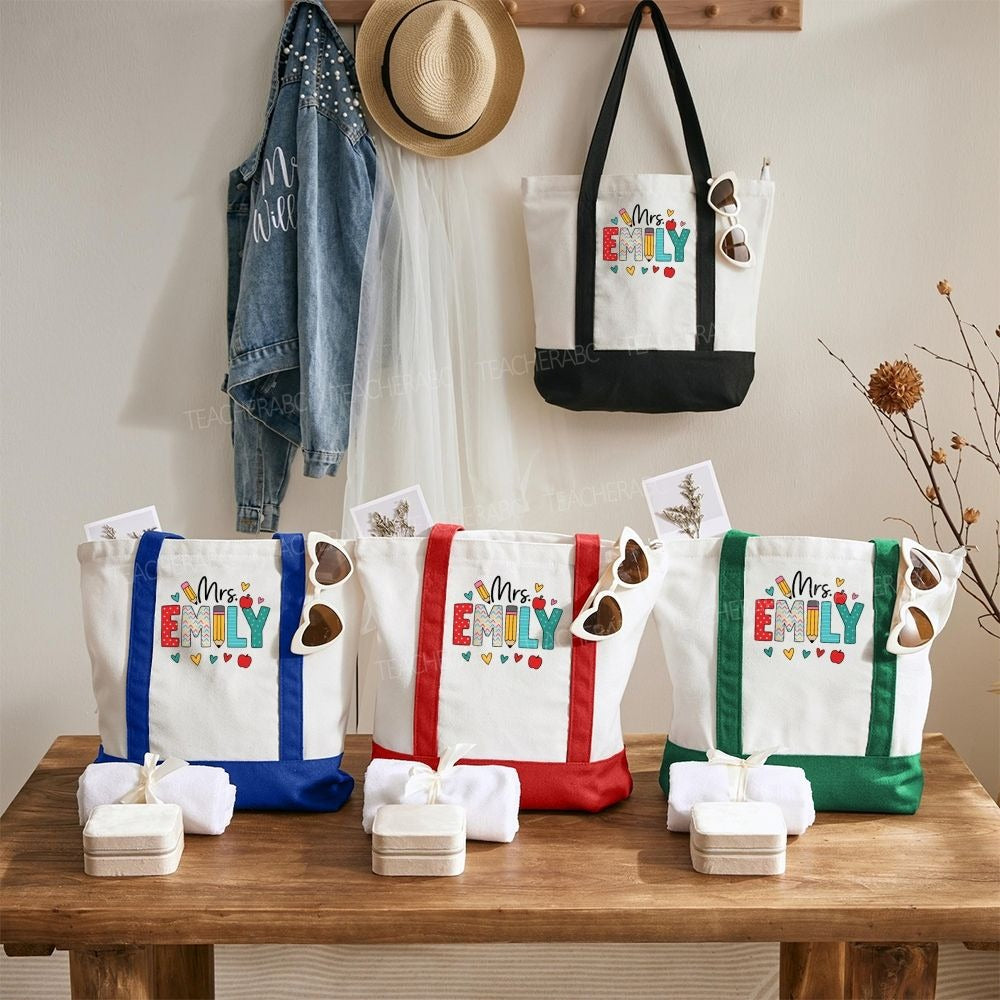Personalized Name Apple Heart Teachers Daily Color-blocked Canvas Bag