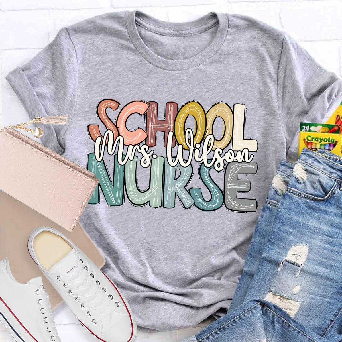 Personalized School Nurse Name Colorful Letter T-Shirt