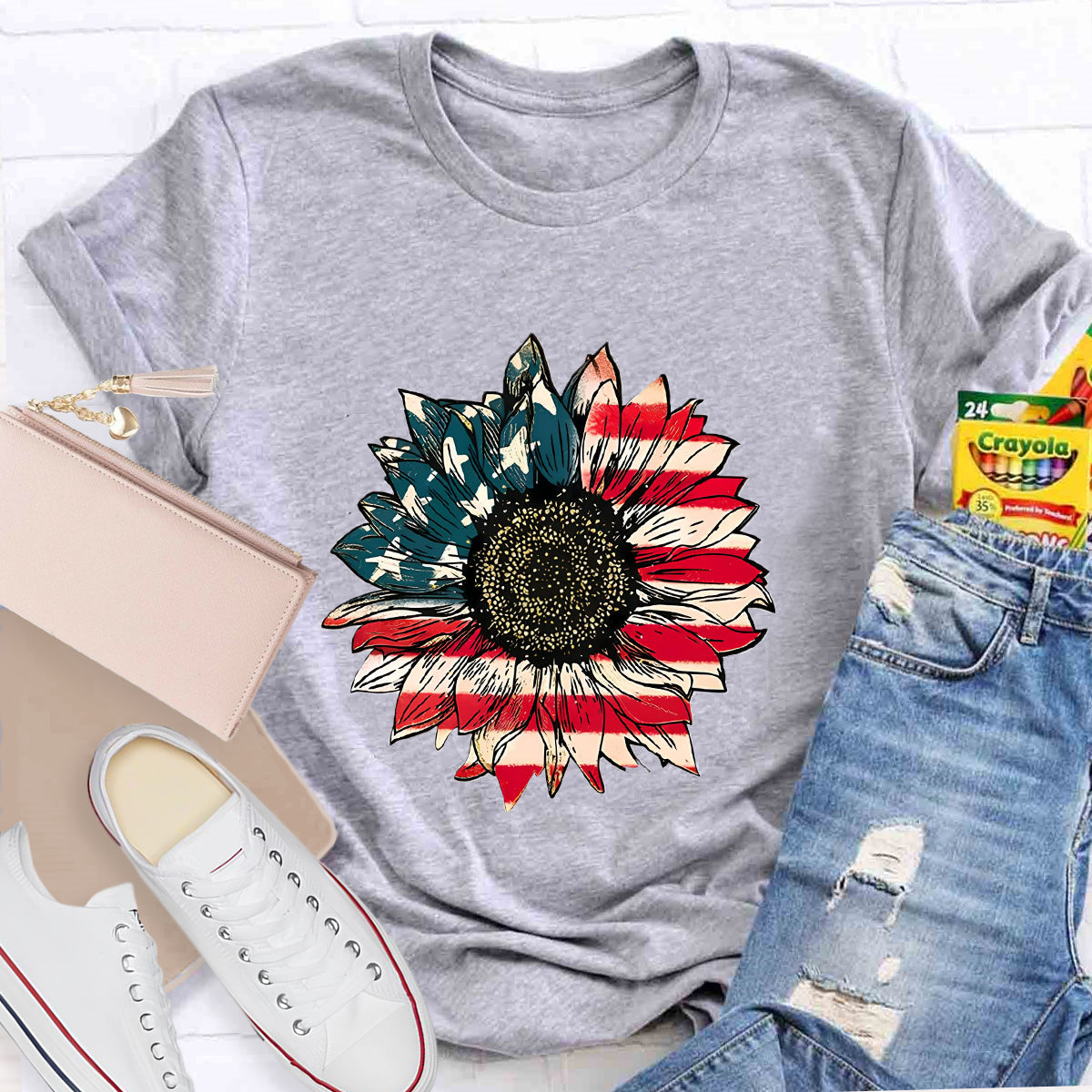 US Flag Flower Teacher T-Shirt