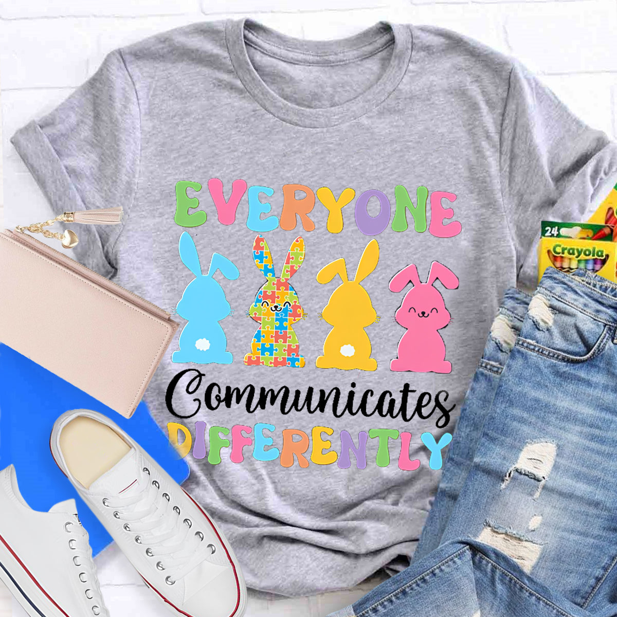 Everyone Communicates Differently Bunny Teacher T-Shirt