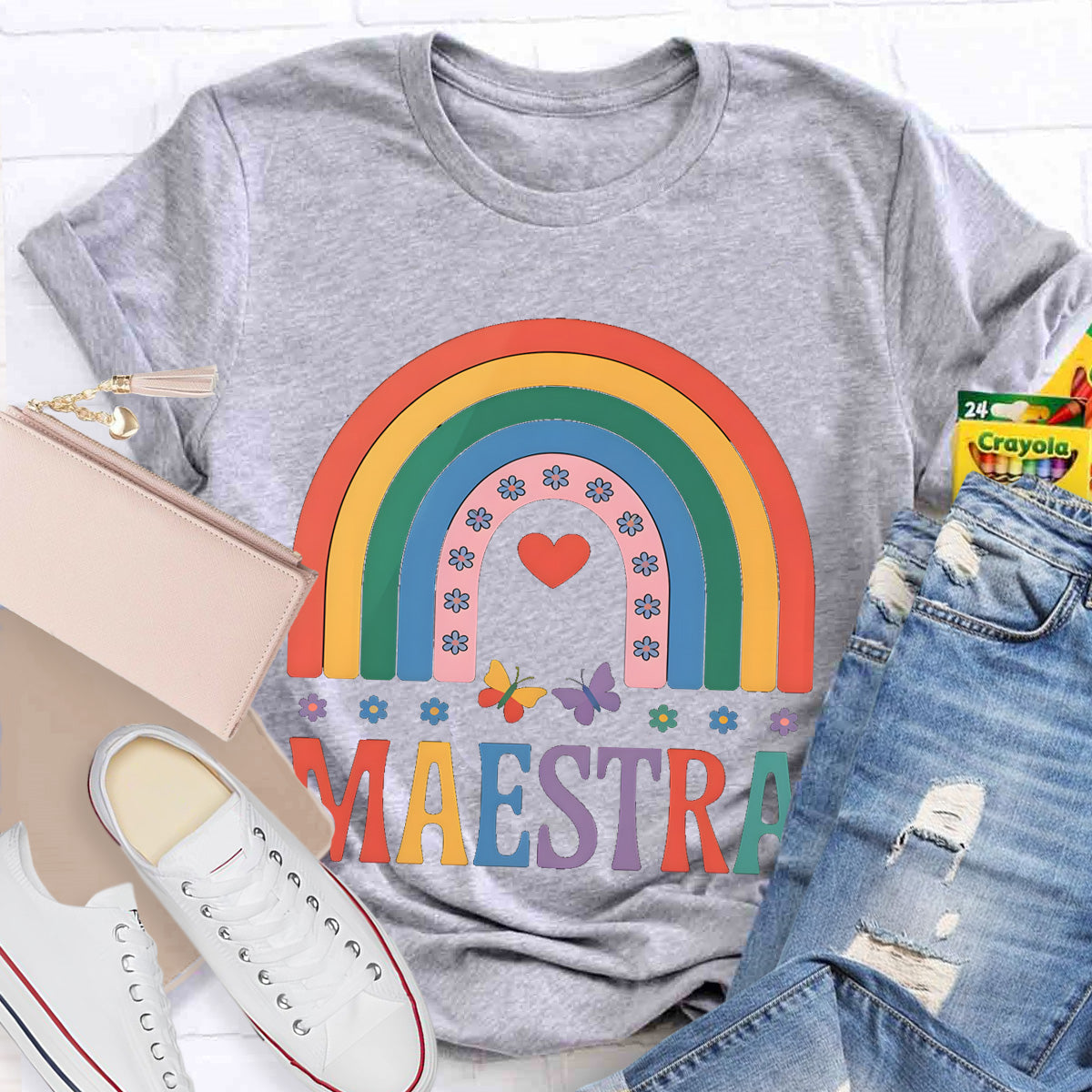 Rainbow Butterfly Maestra Bilingual Teacher T-Shirt