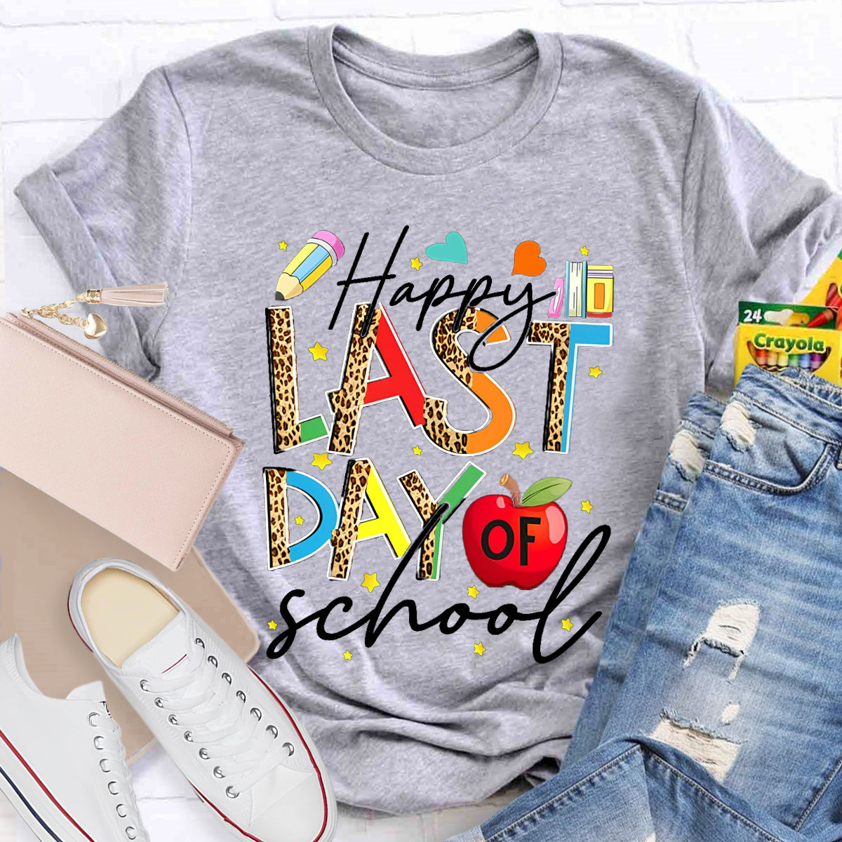 Happy Last Day Of School Leopard Printed Teacher T-Shirt