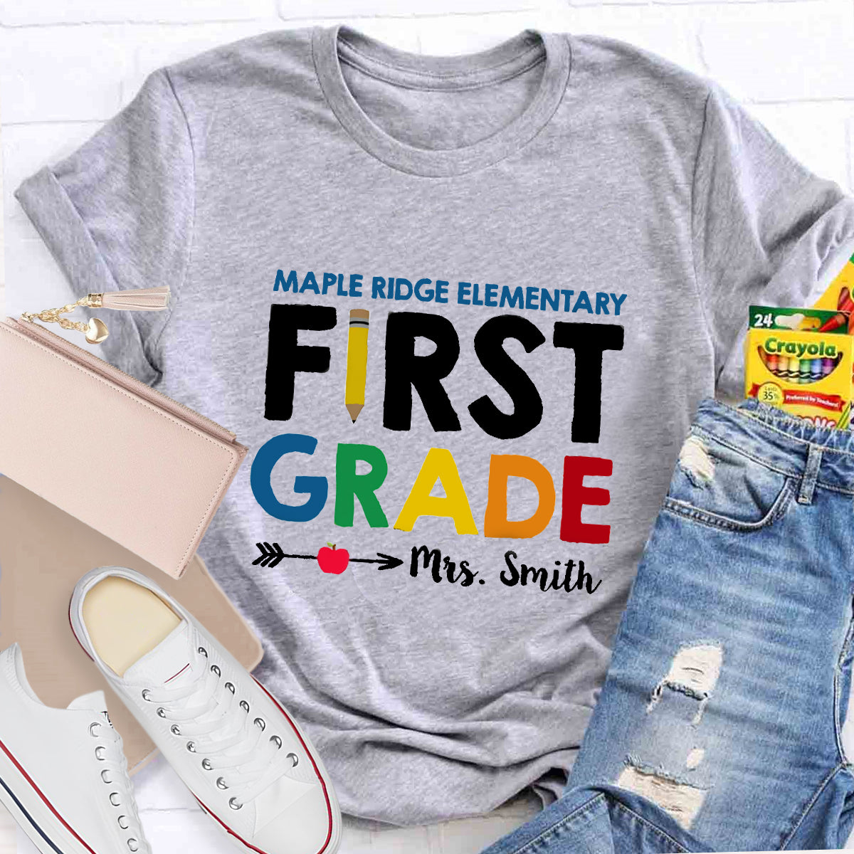 Personalized School Name Grade And Teacher Name Pencil Apple Heart T-Shirt