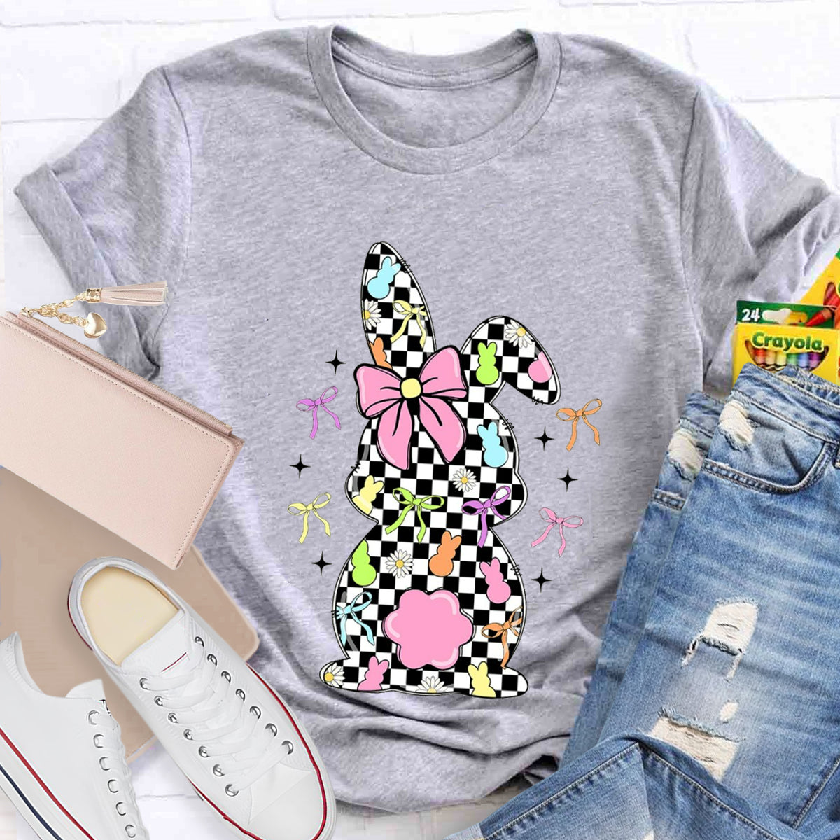 Easter Checkerboard Rabbit Teacher T-Shirt