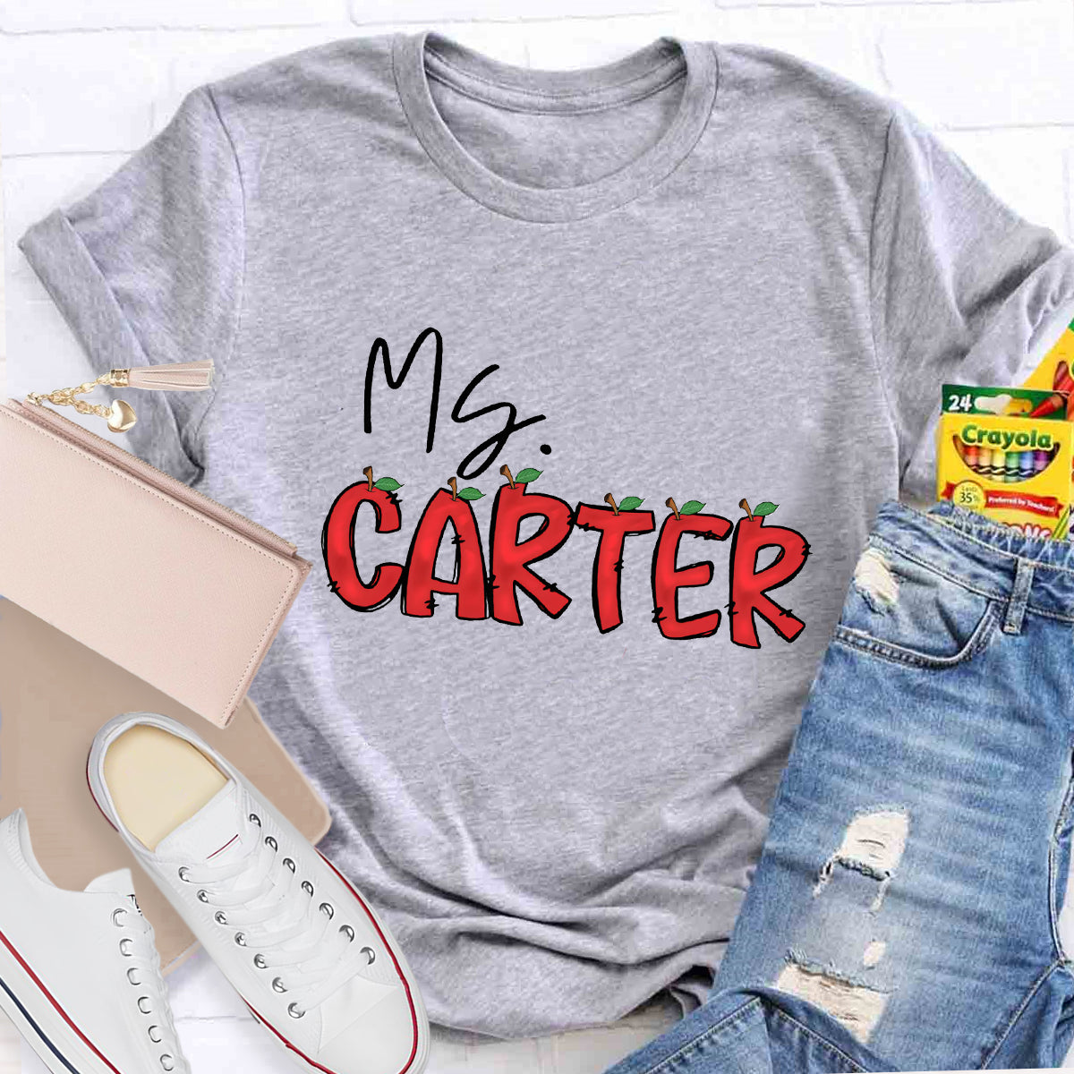 Personalized Teacher's Name Red Apple Letter  T-Shirt