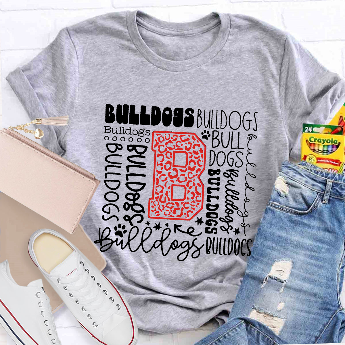 Personalized Mascot Bulldogs Red Printed Teacher T-Shirt