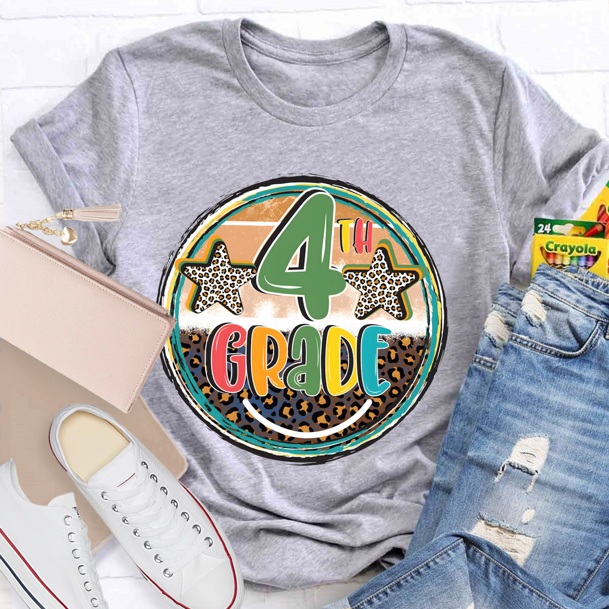 Personalized Grade Leopard Star 4th Grade Teacher T-Shirt