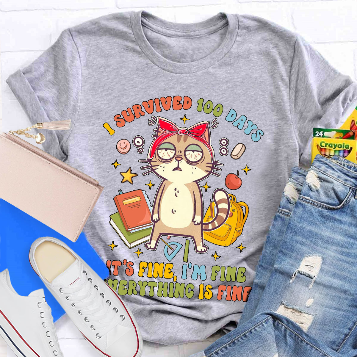 I Survived 100 Days Everything Is Fine Funny Cat T-Shirt