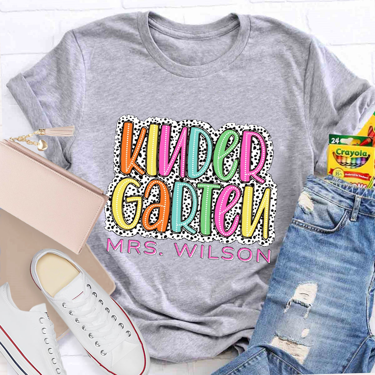 Personalized Name And Grade Neon Lights And Polka Dots Teacher T-Shirt