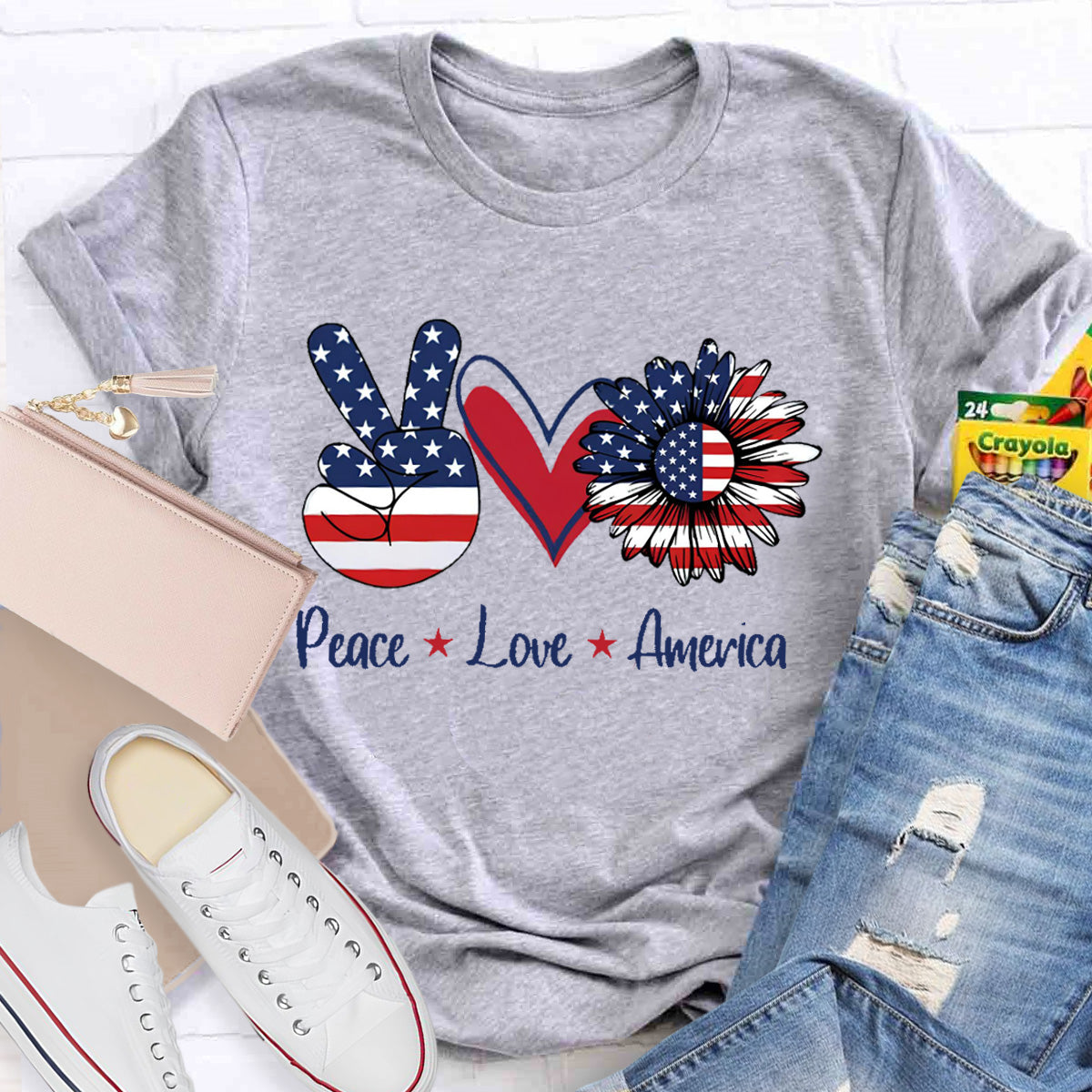 Peace Love America Star Teacher T-Shirt