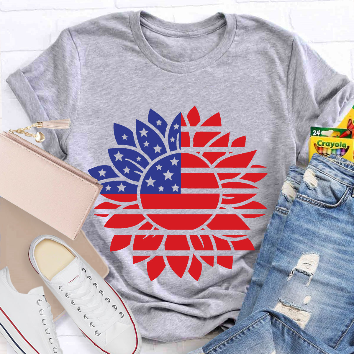 Stars and Stripes Sunflower Teacher T-Shirt