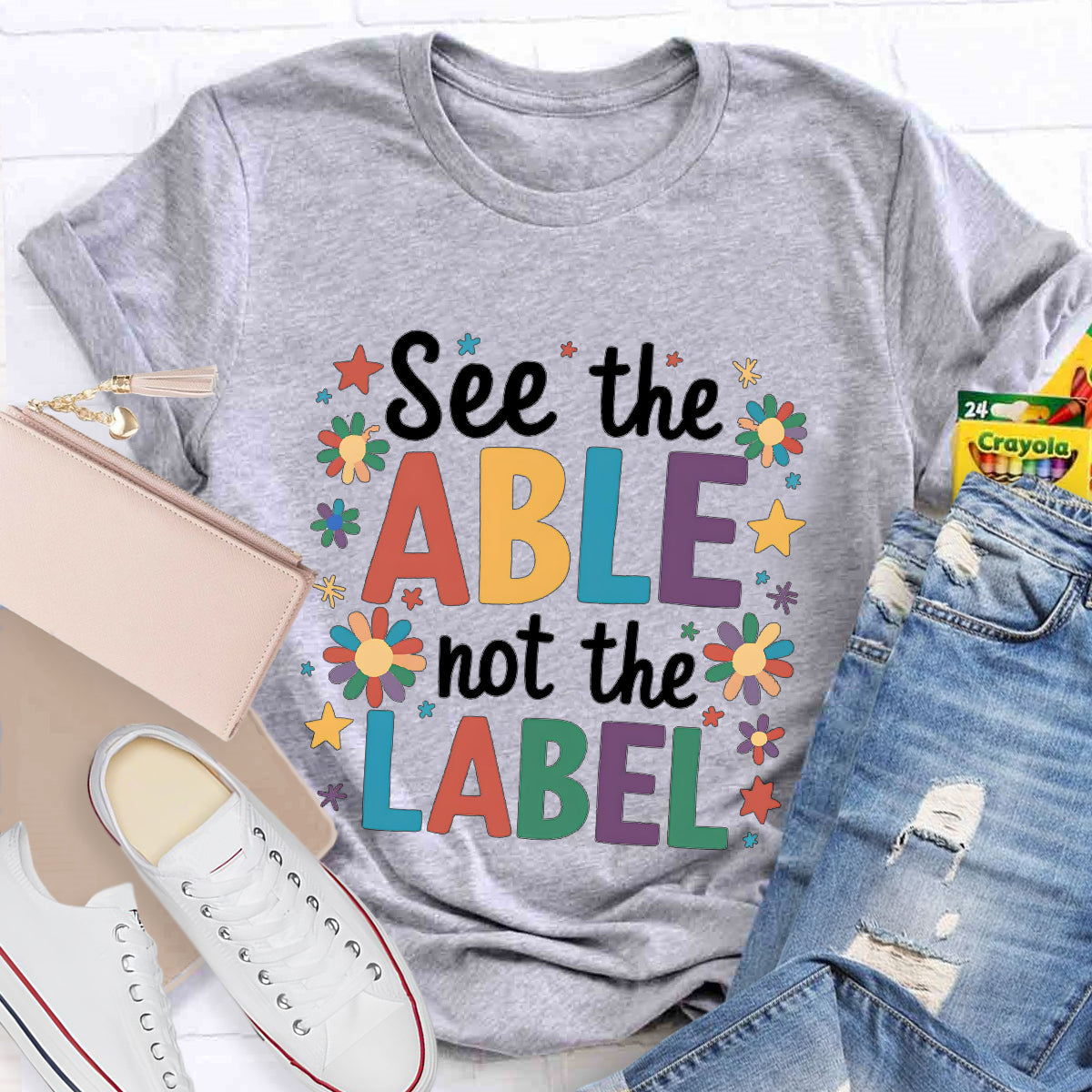 Floral See The Able Not the Label Teacher T-Shirt