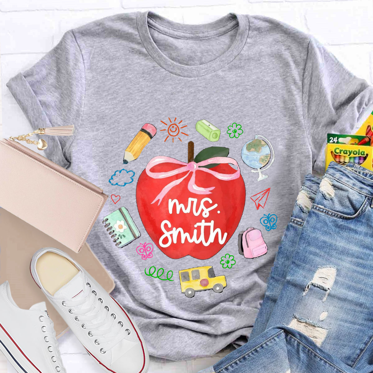 Personalized Name Red Apple Teacher T-Shirt
