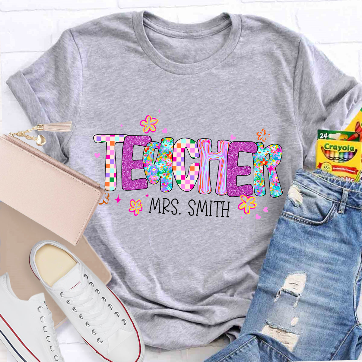 Personalized Teacher Name Pink Plaid T-Shirt