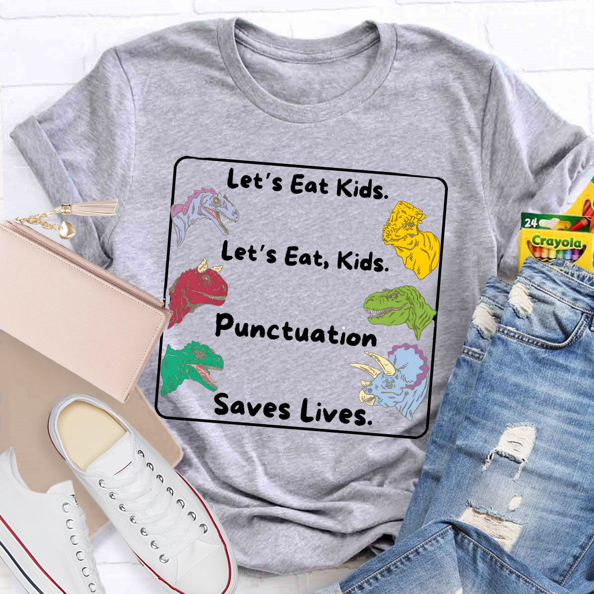 Let's Eat Kids Colored Dinosaur Teacher T-Shirt