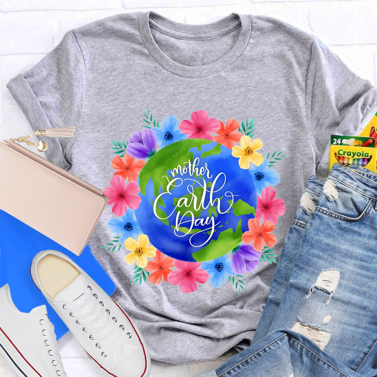 Blue Earth Day Floral Teacher T-Shirt