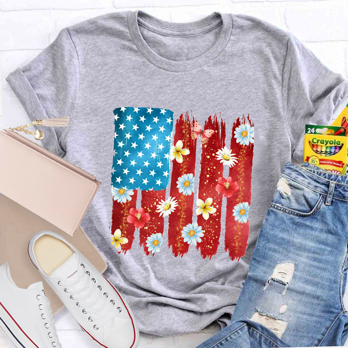 US Flag Flower Strip Star Teacher T-Shirt