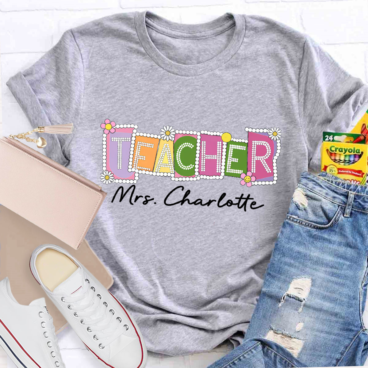 Personalized Teacher Name Contrasting Flowers T-Shirt