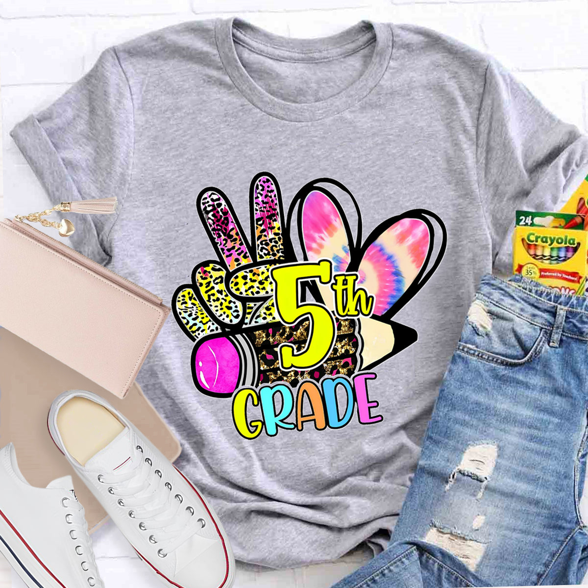 Personalized Grade Colorful Leopard Heart 5th Grade Teacher T-Shirt