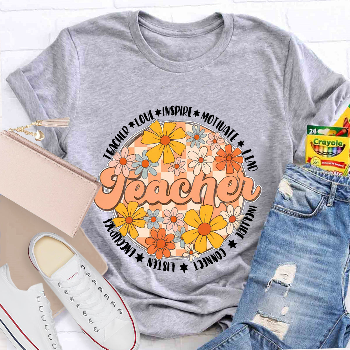 Love Motivate Inspire Floral Teacher T-Shirt