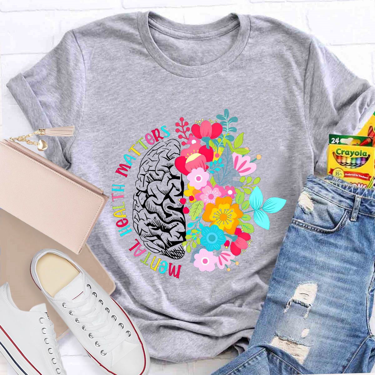 Mental Health Matters Floral Brain Teacher T-Shirt