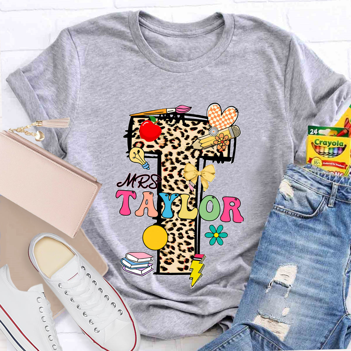 Personalized Name Leopard print Letter Teacher T-Shirt