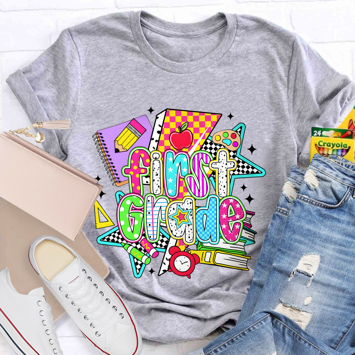 Personalized Grade First Grade Teacher Books Pencil T-Shirt