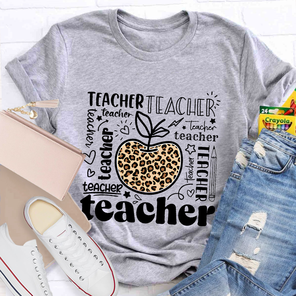 Teacher Various Fonts Various Fonts Leopard Apple T-Shirt