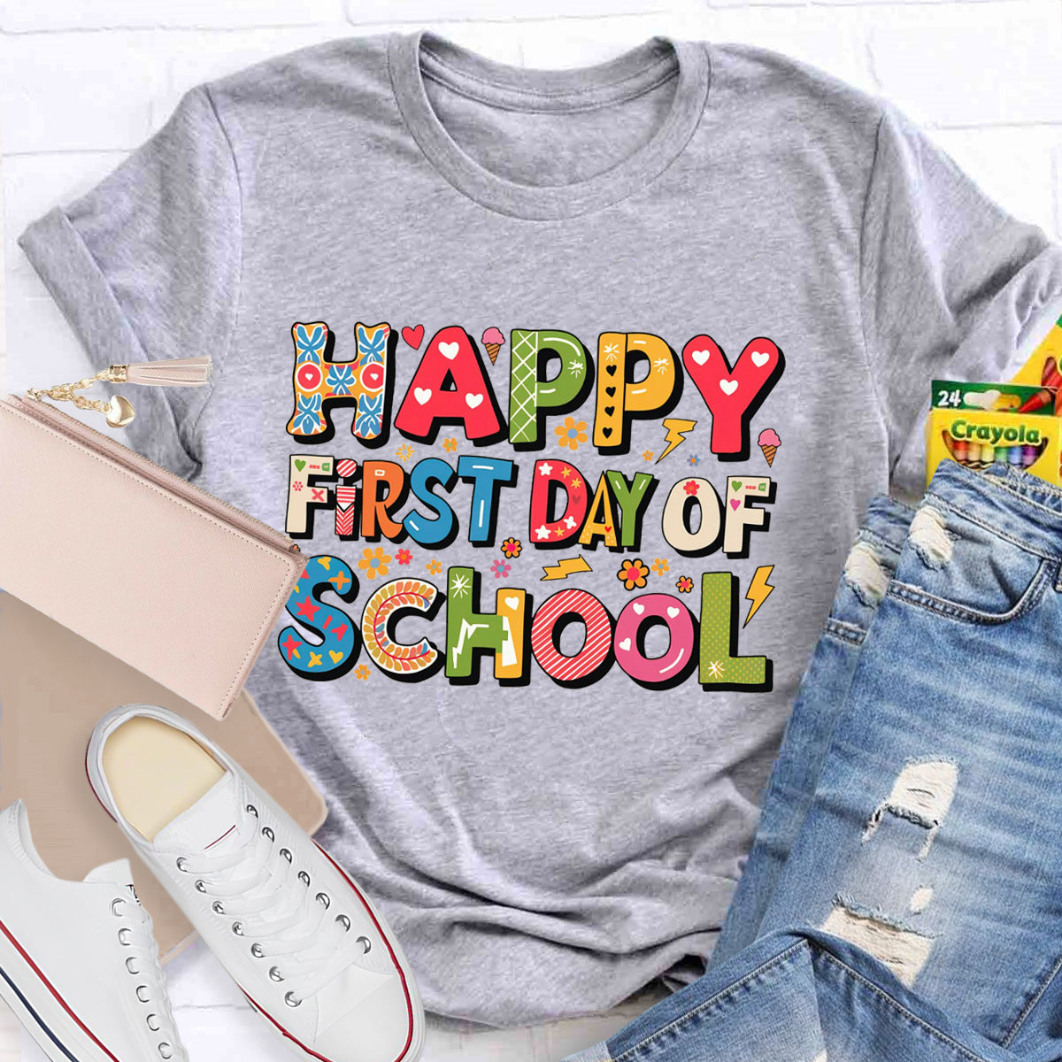 Happy First Day Of School Heart Printed Teacher T-Shirt