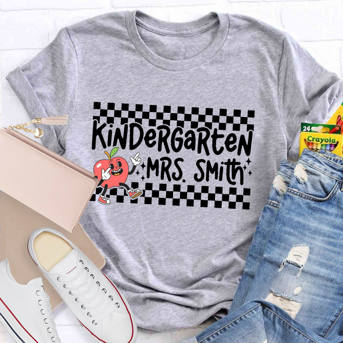 Personalized Grade And Name Chessboard pattern Apple Teacher T-Shirt