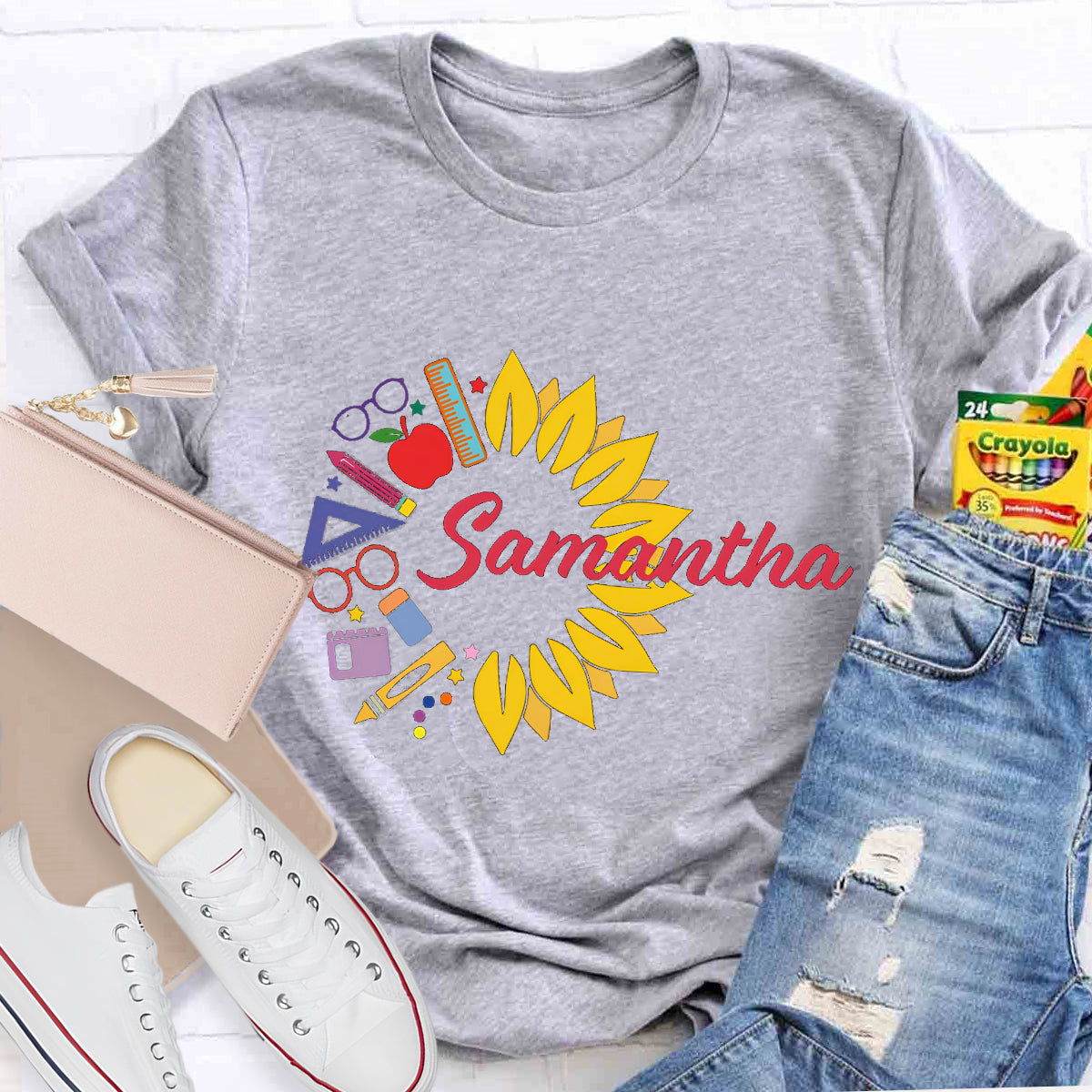 Personalized Name Sunflower Pencil Samantha Teacher T-Shirt